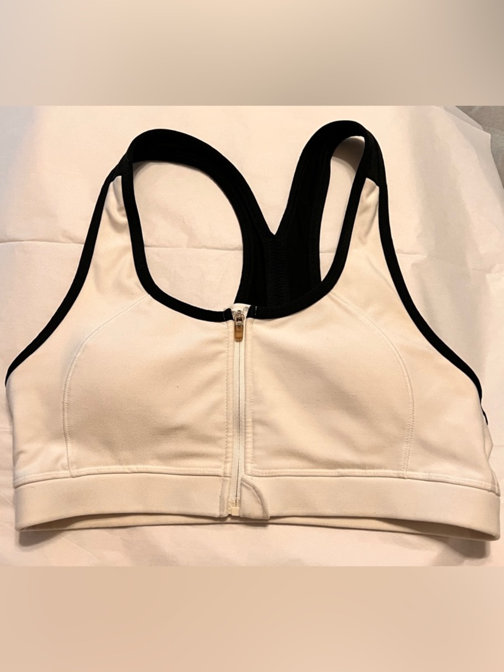 Front-Zip White Sports Bra with Black Trim